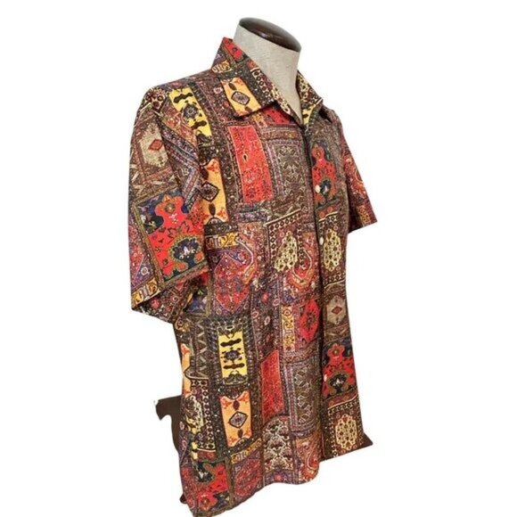 Joe Namath  by Arrow Vintage 1970s Mens Retro Patchwork Print Shirt Large - Picture 2 of 7